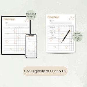 A pet care tracker displayed on a tablet, smartphone, and printed sheet with a pen. It includes sections for the pet's name, notes, and a checklist for daily tasks such as morning walk, breakfast, treat times, afternoon walk, dog park, dinner, and evening walk. The layout is structured for easy tracking, with checkboxes for each day of the week. The tracker is designed for instant download and can be used digitally or printed for manual entry, offering convenience for pet owners.
