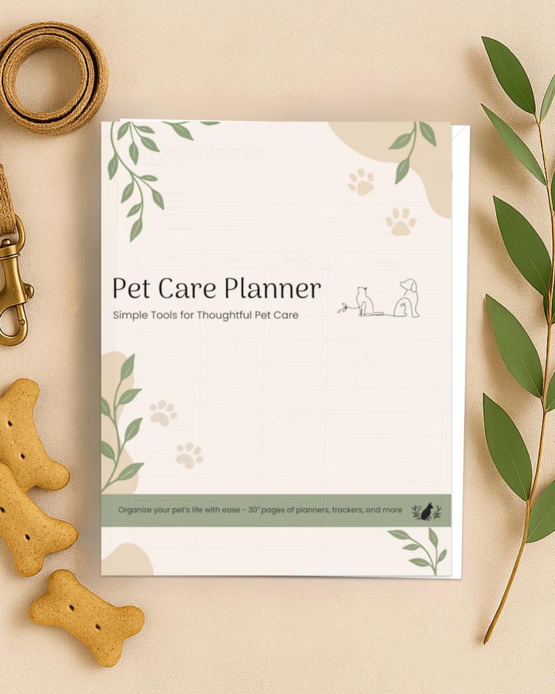 A promotional image for a "Pet Care Planner," featuring the subtitle "Simple Tools for Thoughtful Pet Care." The planner cover displays paw prints, leaves, and illustrations of a dog and cat. The design highlights an easy-to-use system for organizing pet health, routines, and records. Surrounding the planner are a rolled-up leash, three bone-shaped dog biscuits, and green leaves, creating a visually appealing and pet-friendly presentation.