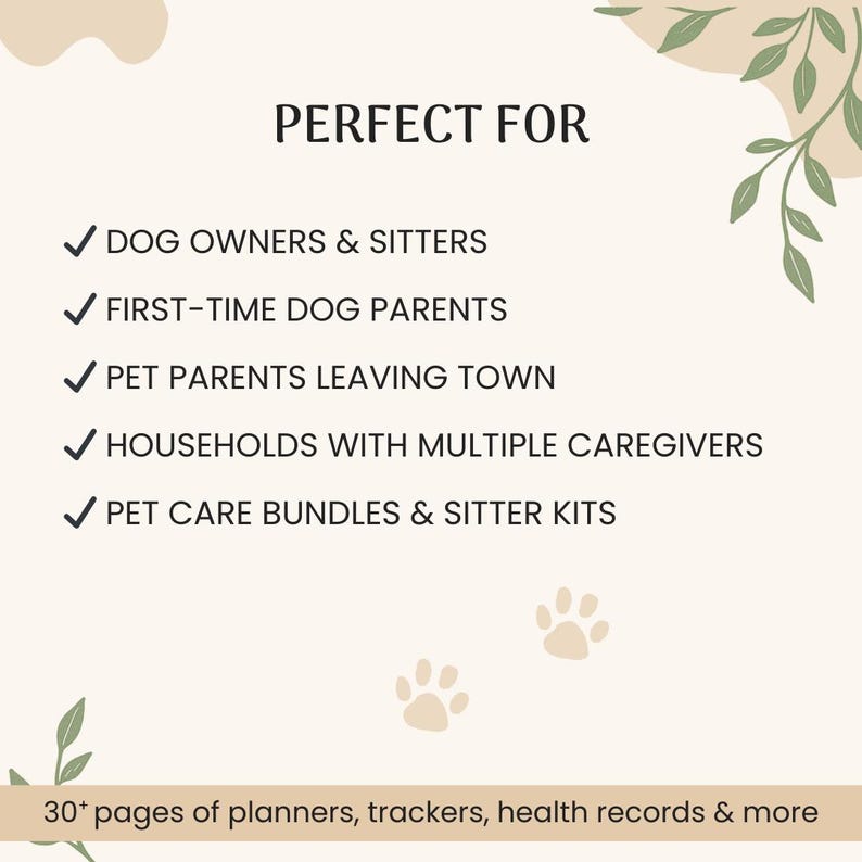 The image is a promotional graphic with text indicating that it is perfect for dog owners and sitters, first-time dog parents, pet parents leaving town, households with multiple caregivers, and pet care bundles and sitter kits. The background is beige with green leaves and paw prints. At the bottom, there is a banner stating "30+ pages of planners, trackers, health records & more."