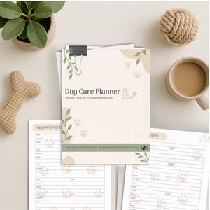 The image shows a "Dog Care Planner" with the subtitle "Simple Tools for Thoughtful Pet Care." The planner, clipped together with a binder clip, includes pages for appointments and contacts. The design features paw prints and leaves. Surrounding the planner are a knitted bone toy, a cup of coffee, a ball of yarn, and a potted plant. The planner offers 30+ pages of planners, trackers, and tools for organizing pet care.
