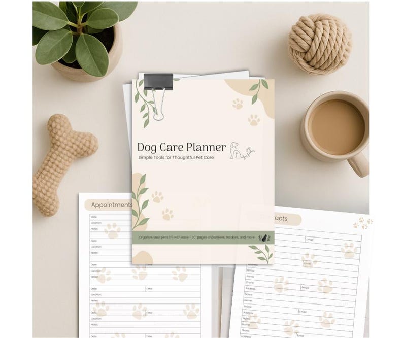 The image shows a "Dog Care Planner" with the subtitle "Simple Tools for Thoughtful Pet Care." The planner, clipped together with a binder clip, includes pages for appointments and contacts. The design features paw prints and leaves. Surrounding the planner are a knitted bone toy, a cup of coffee, a ball of yarn, and a potted plant. The planner offers 30+ pages of planners, trackers, and tools for organizing pet care.