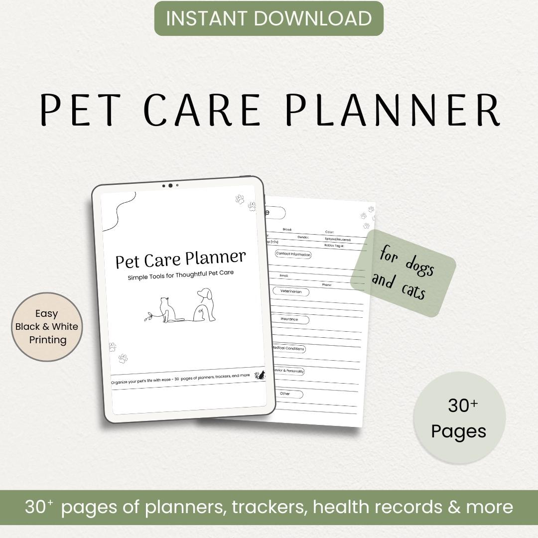 Pet Care Planner Printable | Pet Health Record, Vet, Meal & Meds ...