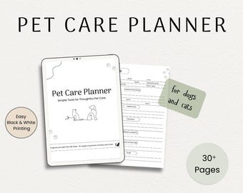 Pet Care Planner Printable | Pet Health Record, Vet, Meal & Meds Tracker | Cat + Dog Organizer PDF | Grooming Log | Digital Pet PDF Download