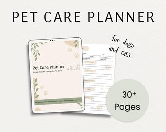 May include: A digital planner for pet care, featuring a light brown background with green leaves and paw prints. The planner is titled "Pet Care Planner" and includes the text "Simple Tools for Thoughtful Pet Care". The planner is designed for dogs and cats and includes over 30 pages of planners, trackers, health records, and more.