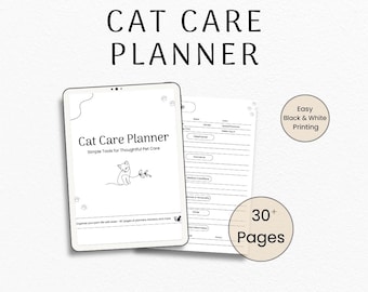 Cat Care Planner, 32-Page Black-and-White Printable PDF