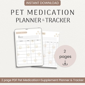 Planificador y registro de medicamentos y suplementos para mascotas, imprimible de 2 páginas (descarga en PDF)