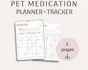 Planificador y registro de medicamentos para mascotas, PDF imprimible de 2 páginas para medicamentos y suplementos.