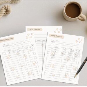 A pet care tracker sheet placed on a wooden surface. The sheet includes tables for tracking a pet’s medication schedule, walk routines, and meal times, with example entries filled in. The pet’s name "Coco" is visible. Surrounding the tracker are a cup of coffee, a small potted plant, a tennis ball, a pen, and a rope toy, creating a cozy and organized setting. The clean layout ensures pet owners can efficiently document and monitor their pet's health and daily activities.