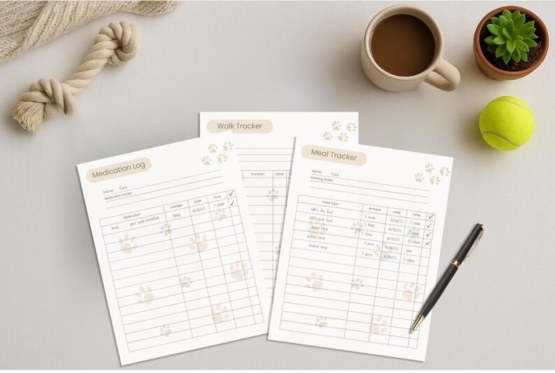 A pet care tracker sheet placed on a wooden surface. The sheet includes tables for tracking a pet’s medication schedule, walk routines, and meal times, with example entries filled in. The pet’s name "Coco" is visible. Surrounding the tracker are a cup of coffee, a small potted plant, a tennis ball, a pen, and a rope toy, creating a cozy and organized setting. The clean layout ensures pet owners can efficiently document and monitor their pet's health and daily activities.