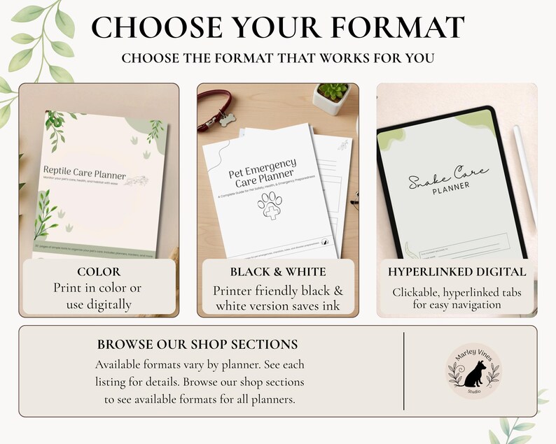 Puede incluir: Un gr&aacute;fico que muestra tres formatos de planificadores para mascotas: un Reptile Care Planner a color, un Pet Emergency Care Planner en blanco y negro, y un Snake Care Planner digital en una tableta. El texto incluye CHOOSE YOUR FORMAT y BROWSE OUR SHOP SECTIONS.