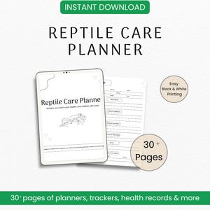 Könnte beinhalten: Ein digitaler Reptilienpflegeplaner mit dem Text "Reptile Care Planner" und "Sofort-Download". Der Planer enthält Seiten zur Verfolgung von Gesundheit, Lebensraum und mehr. Das Design ist in Schwarzweiß und umfasst über 30 Seiten.