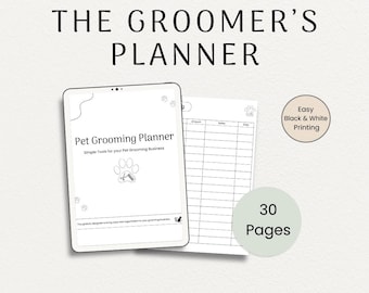 Planificador de negocios para peluquería canina, PDF imprimible en blanco y negro de 30 páginas para registros de clientes, citas y servicios de peluquería.