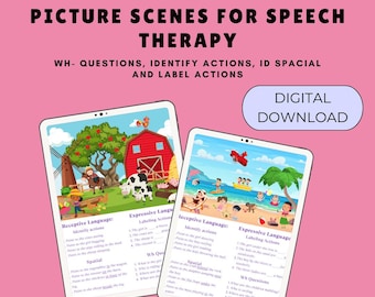 Picture Scenes for asking WH questions & Actions for Speech Therapy (Digital Download)