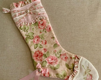 Romantic Floral Christmas Stocking - Hand-Sewn Heirloom in Blush and Rose (23" x 11")