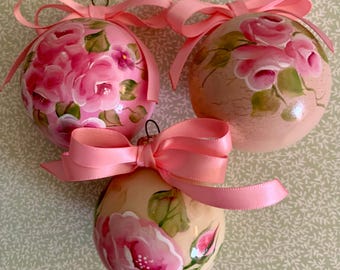 Hand-Painted Pink Rose Christmas Ornaments • Shabby Cottage Décor