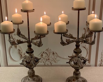 French Country Candelabras Pair | Baroque Rococo Candle Holders | Distressed Metal Decor | Romantic Table Centerpiece