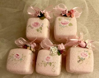 Hand-Painted Pink Rose Ornaments | Shabby Chic Cottagecore Decor (Set of 5)