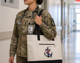 Military Nurse Tote – Anchor Heart Utility Bag, Navy Wife Gift, Large Boutique Tote