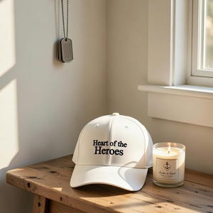 May include: A white baseball cap with the text "Heart of the Heroes" in black lettering. A lit candle in a glass jar and a pair of dog tags hang on the wall. The items are on a wooden bench.