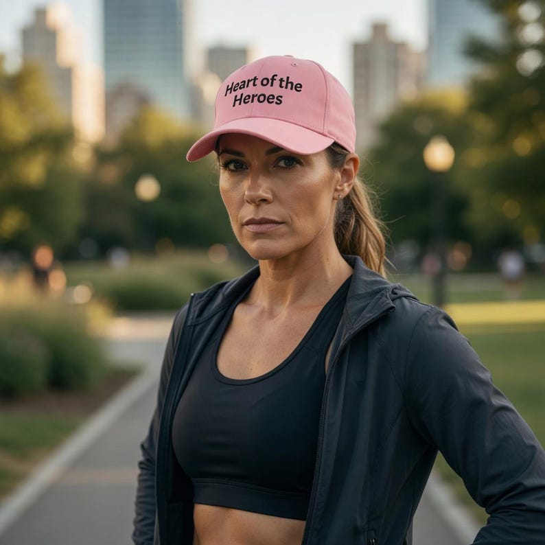 May include: A light pink baseball cap with the text "Heart of the Heroes" in black. The cap is worn by a person wearing a black sports bra and a black jacket. The background includes a park and city buildings.