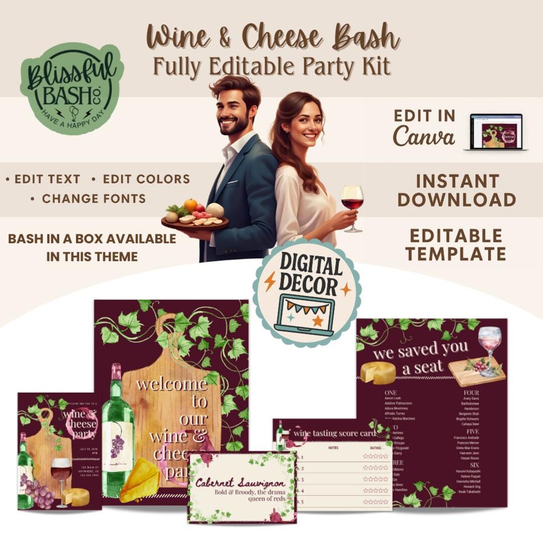 Wine & Cheese Party Decorations Bundle | Editable Wine Tasting Party ...