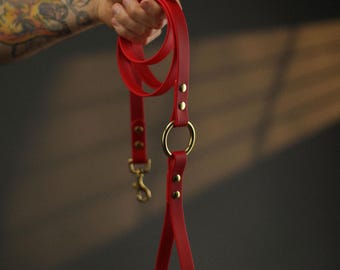 鮮やかな赤色の防水バイオタン製犬用リード：真鍮製金具、高級ハンドメイド