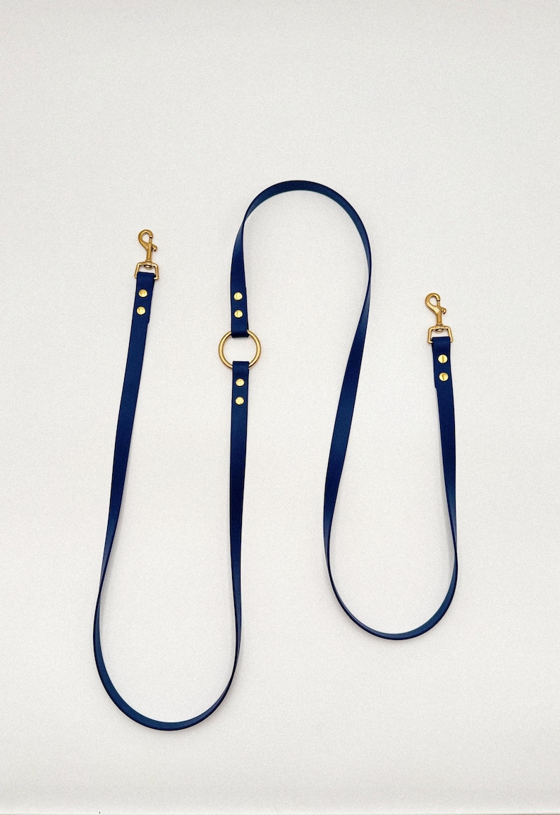May include: A blue leather dog leash with two clips and a gold ring. The leash is on a white background.