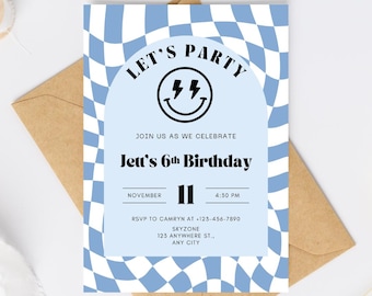 May include: A blue and white chequered birthday party invitation with the text "Let's Party" in a circle with a smiley face and lightning bolts. The text "Jett's 6th Birthday" is below the circle. The date and time of the party are listed below the birthday text. RSVP information is listed at the bottom of the invitation.