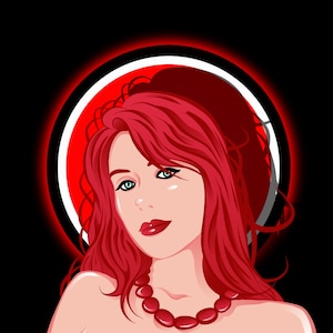 Puede incluir: Ilustración digital de una mujer con cabello largo y rojo y un collar de cuentas rojas. Tiene ojos verdes y marrones y labios rojos. El fondo es negro con un diseño circular rojo y blanco.