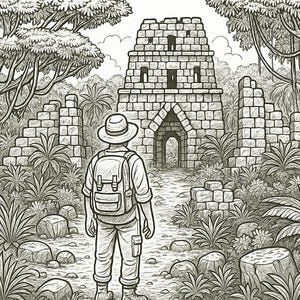 May include: A person wearing a hat and backpack walks towards a stone archway in a jungle setting. The archway is part of a ruined stone structure with overgrown vegetation.