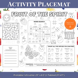 Op de afbeelding: Zwart-wit activiteit placemat met de tekst "Fruit of the Spirit". Bevat een woordzoeker, doolhof en andere activiteiten. Printbaar op US Letter (27,9 cm x 21,6 cm) of Tabloid (27,9 cm x 43,2 cm) papier.