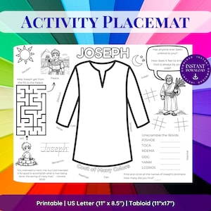 Puede incluir: Un mantel individual de actividades en blanco y negro con el texto "ACTIVITY PLACEMAT" en la parte superior. El mantel individual presenta ilustraciones de José, un laberinto y el texto "Coat of Many Colors". El mantel individual mide 28 cm x 22 cm y 28cm x 43cm.