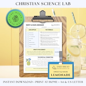 May include: A printed lab activity sheet titled Sweet & Sour Lemonade on a wooden clipboard. The document includes sections for lab supplies, the formula, science facts, and a spiritual connection. A blue badge with the same title is attached.