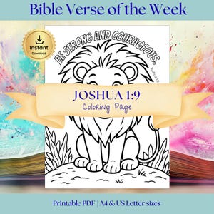 Puede incluir: Una página para colorear en blanco y negro con una ilustración de un león, el texto "BE STRONG AND COURAGEOUS" y "JOSHUA 1:9 Coloring Page." La imagen también incluye el texto "Bible Verse of the Week" y "Instant Download."