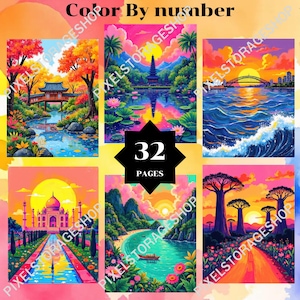 May include: A collection of 32 pages for a color by number activity book featuring vibrant, colorful illustrations of global landscapes, including a temple, a bridge, a sunset over water, the Taj Mahal, a tropical bay, and baobab trees.
