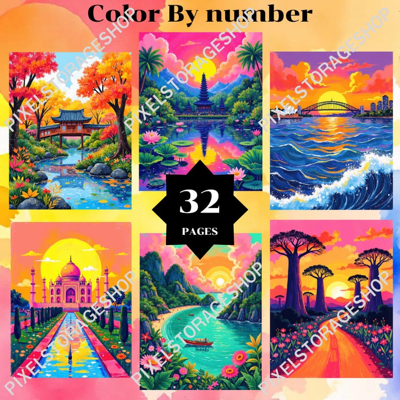 May include: A collection of 32 pages for a color by number activity book featuring vibrant, colorful illustrations of global landscapes, including a temple, a bridge, a sunset over water, the Taj Mahal, a tropical bay, and baobab trees.