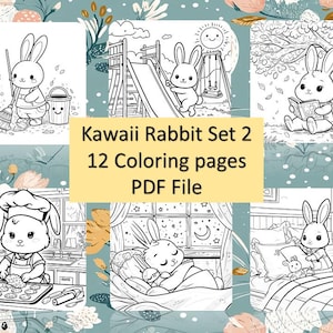 Kawaii-Kaninchen Malseiten für Erwachsene und Kinder, 12 Ausmalseiten, Printable, PDF-Datei