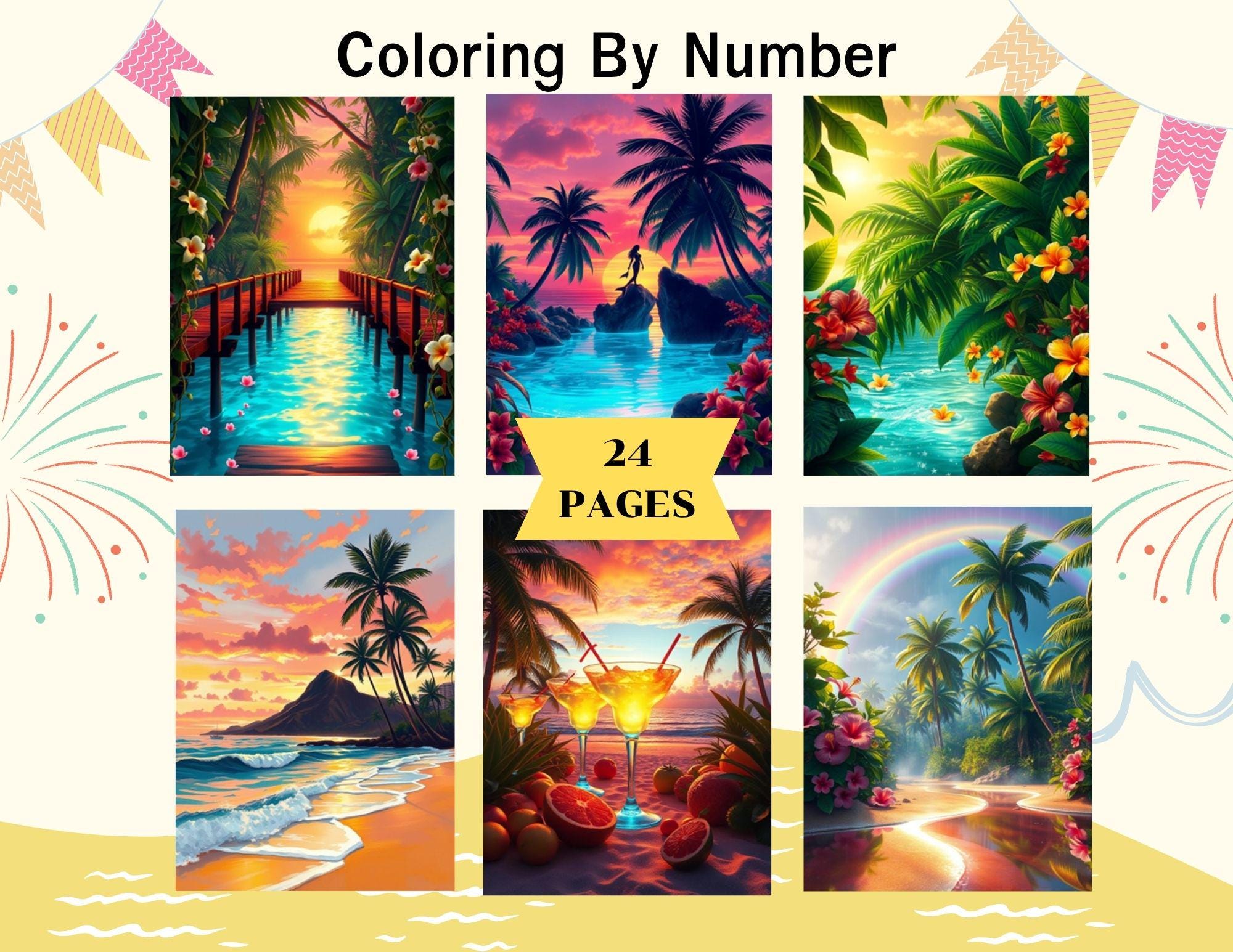 Colorir por números para adultos, 24 páginas para imprimir, PDF 8.5x11, download instantâneo