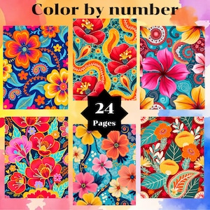 May include: A collection of six floral-themed coloring pages. Each page features a unique, vibrant design with flowers in shades of red, pink, yellow, and blue. The text "Color by number" is at the top, and "24 Pages" is in the center.