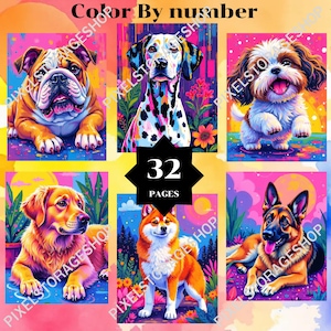 May include: A color by number activity book featuring 32 pages of vibrant, stylized dog illustrations. The cover displays six distinct canine portraits, including a bulldog, a dalmatian, a shih tzu, a golden retriever, a shiba inu, and a german shepherd.