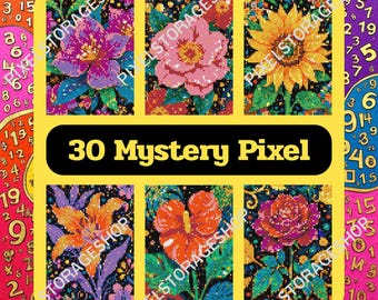 Color by number, Mystery Pixel, Square shape, 30 pages, 24 colors, Adults, Printable, A4, PNG, PDF, Light & Dark, Digital, Instant Download