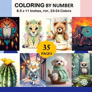 Animal, Landscape, Flower coloring by number for adults, 35 pages, Printable, 8.5 x 11 Inches, PDF, Instant Download, Paint by numbers