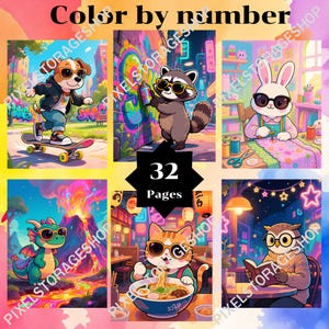 May include: A color by number activity book featuring 32 pages of colorful illustrations. The cover displays six scenes: a dog skateboarding, a raccoon with spray paint, a rabbit sewing, a dragon near a volcano, a cat eating ramen, and an owl reading.