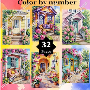 Puede incluir: Un libro para colorear Color by number con 32 Pages que presenta seis ilustraciones de casas coloridas con porches, jardines y flores. Las imágenes muestran varios estilos arquitectónicos, asientos al aire libre y paisajes florales vibrantes.