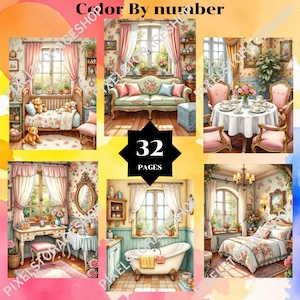 May include: A color by number book featuring 32 pages of interior room illustrations. The cover displays six scenes including a nursery with teddy bears, a living room with a sofa, a dining area, a vanity, a bathroom with a tub, and a bedroom.