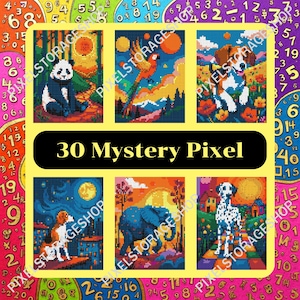 May include: A collection of six pixel art illustrations featuring a panda, a parrot, a beagle, a dog, an elephant, and a dalmatian, arranged in a grid with the text 30 Mystery Pixel centered on a yellow background with a colorful number pattern.