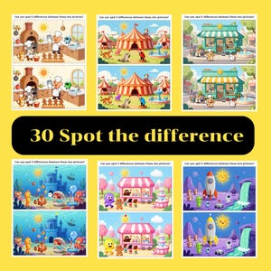 Puede incluir: Un fondo amarillo con nueve pares de imágenes ilustradas, cada una preguntando: "¿Puedes encontrar 5 diferencias entre estas dos imágenes?". Las imágenes representan varias escenas, incluyendo una cocina, un circo y escenas submarinas. El texto "30 Spot the difference" está en el centro.