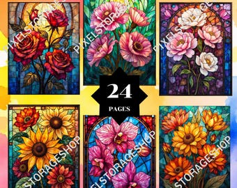 Color by number, Stained Glass,24 pages and colors, For adults, Printable ,PNG & SVG, Digital,Instant Download, Paint by numbers