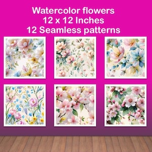 Seamless pattern of watercolor flowers, 12 patterns, Digital Papers, Background, Digital pattern, JPG File
