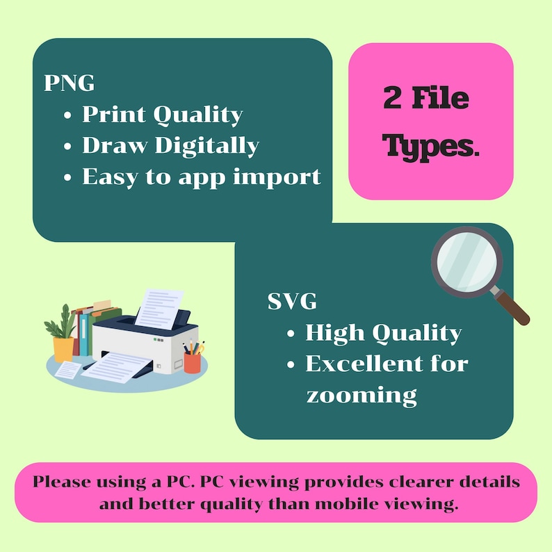 May include: A digital graphic displaying two file types, PNG and SVG, with bulleted lists of features. The PNG section lists print quality, draw digitally, and easy to app import. The SVG section lists high quality and excellent for zooming. A printer illustration and magnifying glass are included, along with text advising PC viewing.